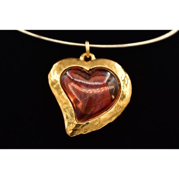 YSL Vintage Gripoix Heart Logo Pendant Necklace Cabochon Gold Logo Chunky Signed - Picture 1 of 12